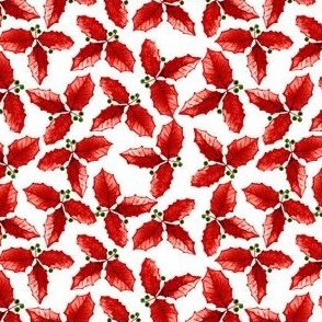 Red Christmas Holly Watercolor on a Solid White Background with a 4 inch Repeat