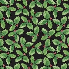Green Christmas Holly Watercolor on a Solid Black Background with a 4 inch Repeat