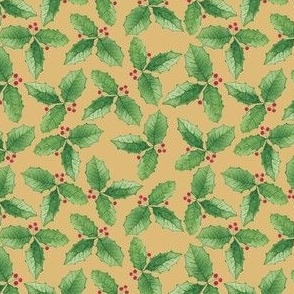 Green Christmas Holly Watercolor on a Solid Gold Colored Background with a 4 inch Repeat