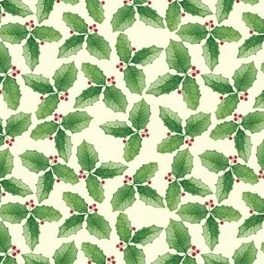 Green Christmas Holly Watercolor on a Solid Ivory Background with a 4 inch Repeat