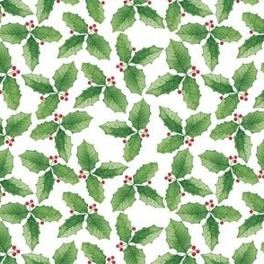 Green Christmas Holly Watercolor on a Solid White Background with a 4 inch Repeat