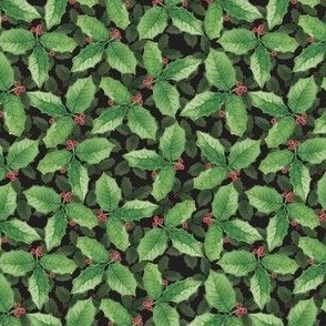 Christmas Holly Watercolor Green Leaves and Red Berries Layered on a Solid Black Background with a 4 inch repeat