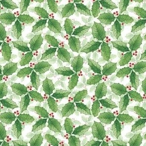 Christmas Holly Watercolor Green Leaves and Red Berries Layered on a Solid White Background with a 4 inch repeat