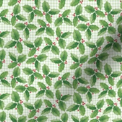 Christmas Holly Solid Green Leaves and Red Berries on a Light Green Gingham Background with 3 inch repeat