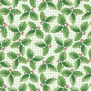 Christmas Holly Solid Green Leaves and Red Berries on a Light Green Gingham Background with 3 inch repeat