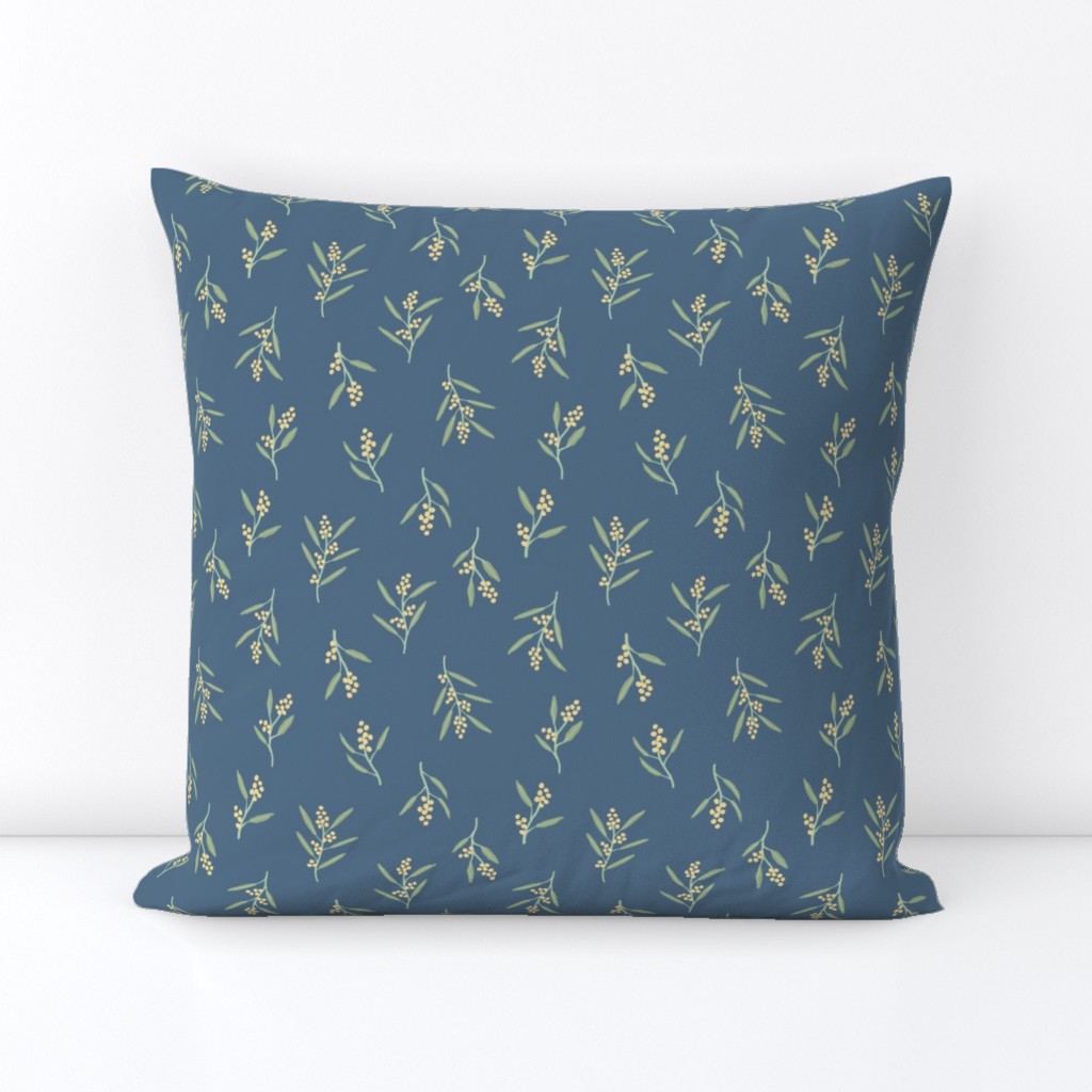 Australian yellow wattle and green leaves on navy - small
