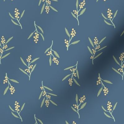 Australian yellow wattle and green leaves on navy - small