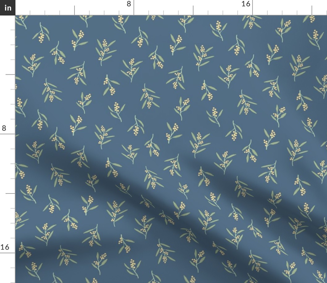 Australian yellow wattle and green leaves on navy - small
