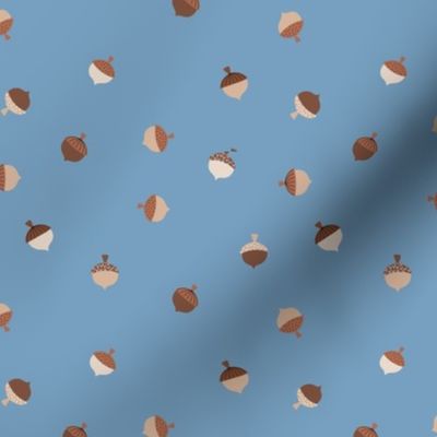 Little minimalist Scandinavian style acorns autumn garden theme matching our squirrels woodland for kids neutral earthy tones on blue 
