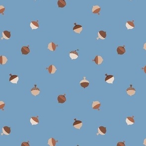 Little minimalist Scandinavian style acorns autumn garden theme matching our squirrels woodland for kids neutral earthy tones on blue 