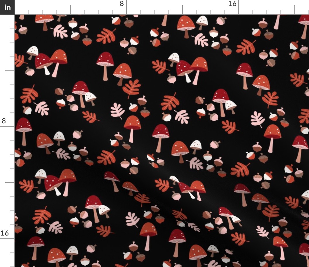 Mushrooms and acorns with oak leaves autumn garden Scandinavian vintage style red orange on black