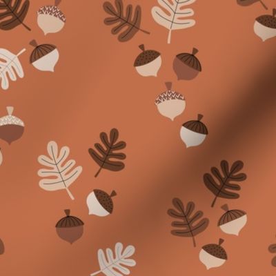 Acorns and oak leaves autumn petals botanical garden minimalist Scandinavian style vintage seventies brown beige on burnt orange 