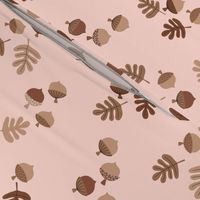 Acorns and oak leaves autumn petals botanical garden minimalist Scandinavian style vintage seventies brown beige on blush pink 