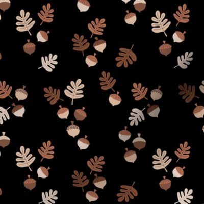 Acorns and oak leaves autumn petals botanical garden minimalist Scandinavian style vintage seventies brown beige on black night SMALL