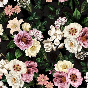 Envelop Yourself in Vintage Summer Romanticism: Maximalist Moody Night Florals Featuring Antiqued Peonies, Mystic Rococo Roses, and Nostalgic Gothic Antique Botany , Infused with Victorian Charm - black double layer