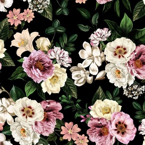 Envelop Yourself in Vintage Summer Romanticism: Maximalist Moody Night Florals Featuring Antiqued Peonies, Mystic Rococo Roses, and Nostalgic Gothic Antique Botany , Infused with Victorian Charm  - black