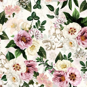 Envelop Yourself in Vintage Summer Romanticism: Maximalist Moody Florals Featuring Antiqued Peonies,  Mystic Rococo Roses, and Nostalgic Gothic Antique Botany , Infused with Victorian Charm off white - double layer