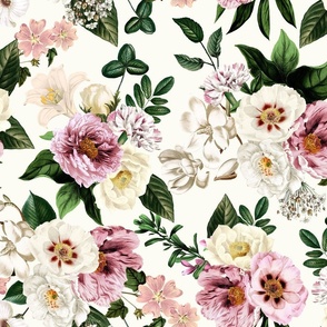 Envelop Yourself in Vintage Summer Romanticism: Maximalist Moody Florals Featuring Antiqued Peonies,  Mystic Rococo Roses, and Nostalgic Gothic Antique Botany , Infused with Victorian Charm white