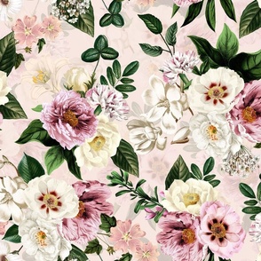 Envelop Yourself in Vintage Summer Romanticism: Maximalist Moody Florals Featuring Antiqued Peonies,  Mystic Rococo Roses, and Nostalgic Gothic Antique Botany  Infused with Victorian Charm blush double layer