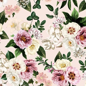 Envelop Yourself in Vintage Summer Romanticism: Maximalist Moody Florals Featuring Antiqued Peonies,  Mystic Rococo Roses, and Nostalgic Gothic Antique Botany , Infused with Victorian Charm blush