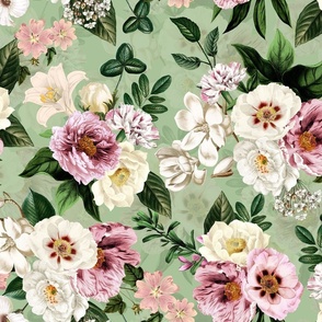 Envelop Yourself in Vintage Summer Romanticism: Maximalist Moody Florals Featuring Antiqued Peonies,  Mystic Rococo Roses, and Nostalgic Gothic Antique Botany , Infused with Victorian Charm green double layer
