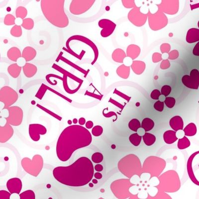 Large Scale It's a Girl New Baby Pregnancy Gender Reveal Mom To Be Pink Footprints Hearts and Flowers