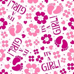 Large Scale It's a Girl New Baby Pregnancy Gender Reveal Mom To Be Pink Footprints Hearts and Flowers