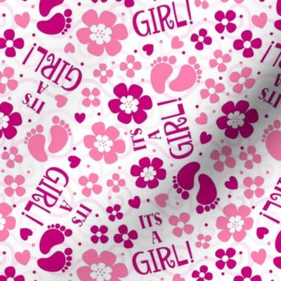 Medium Scale It's a Girl New Baby Pregnancy Gender Reveal Mom To Be Pink Footprints Hearts and Flowers