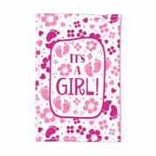 Large 27x18 Fat Quarter Panel It's a Girl New Baby Pregnancy Announcement Banner Gender Reveal Mom To Be Pink Footprints Hearts and Flowers