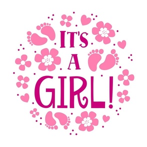 18x18 Panel It's a Girl New Baby Pregnancy Announcement Gender Reveal Mom To Be Pink Footprints Hearts and Flowers