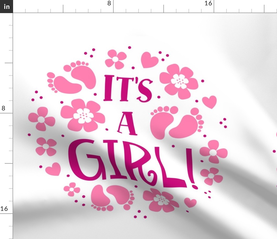 18x18 Panel It's a Girl New Baby Pregnancy Announcement Gender Reveal Mom To Be Pink Footprints Hearts and Flowers