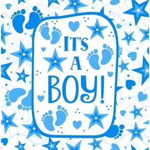 14x18 Panel Garden Flag Size It's a Boy Banner New Baby Announcement Gender Reveal Mom To Be Blue Footprints Hearts and Stars