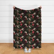 Lush Antique Magnolia Flowers And Tropical Birds Botanical Garden - Vintage Magnolias home decor, Nostalgic peonies wallpaper,Magnolia Fabric - Flowers Fabric -  Magnolia Wallpaper - black 