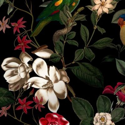 Lush Antique Magnolia Flowers And Tropical Birds Botanical Garden - Vintage Magnolias home decor, Nostalgic peonies wallpaper,Magnolia Fabric - Flowers Fabric -  Magnolia Wallpaper - black 