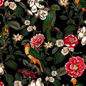 Lush Antique Magnolia Flowers And Tropical Birds Botanical Garden - Vintage Magnolias home decor, Nostalgic peonies wallpaper,Magnolia Fabric - Flowers Fabric -  Magnolia Wallpaper - black 