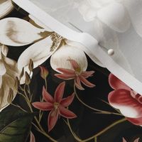 Lush Antique Magnolia Flowers And Tropical Birds Botanical Garden - Vintage Magnolias home decor, Nostalgic peonies wallpaper,Magnolia Fabric - Flowers Fabric -  Magnolia Wallpaper - black sepia tanned double layer