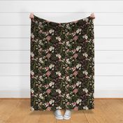 Lush Antique Magnolia Flowers And Tropical Birds Botanical Garden - Vintage Magnolias home decor, Nostalgic peonies wallpaper,Magnolia Fabric - Flowers Fabric -  Magnolia Wallpaper - black sepia tanned double layer