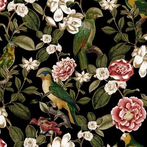 Lush Antique Magnolia Flowers And Tropical Birds Botanical Garden - Vintage Magnolias home decor, Nostalgic peonies wallpaper,Magnolia Fabric - Flowers Fabric -  Magnolia Wallpaper - black sepia tanned