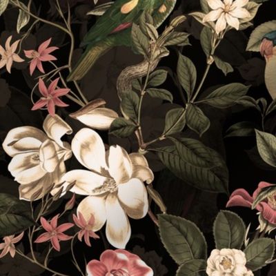 Lush Antique Magnolia Flowers And Tropical Birds Botanical Garden - Vintage Magnolias home decor, Nostalgic peonies wallpaper,Magnolia Fabric - Flowers Fabric -  Magnolia Wallpaper - black sepia tanned double layer