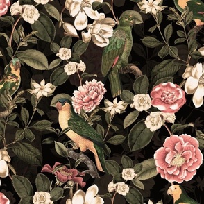 Lush Antique Magnolia Flowers And Tropical Birds Botanical Garden - Vintage Magnolias home decor, Nostalgic peonies wallpaper,Magnolia Fabric - Flowers Fabric -  Magnolia Wallpaper - black sepia tanned double layer