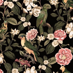 Lush Antique Magnolia Flowers And Tropical Birds Botanical Garden - Vintage Magnolias home decor, Nostalgic peonies wallpaper,Magnolia Fabric - Flowers Fabric -  Magnolia Wallpaper - black sepia tanned