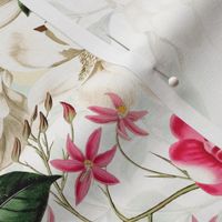 Lush Antique Magnolia Flowers And Tropical Birds Botanical Garden - Vintage Magnolias home decor, Nostalgic peonies wallpaper,Magnolia Fabric - Flowers Fabric -  Magnolia Wallpaper - off white double layer