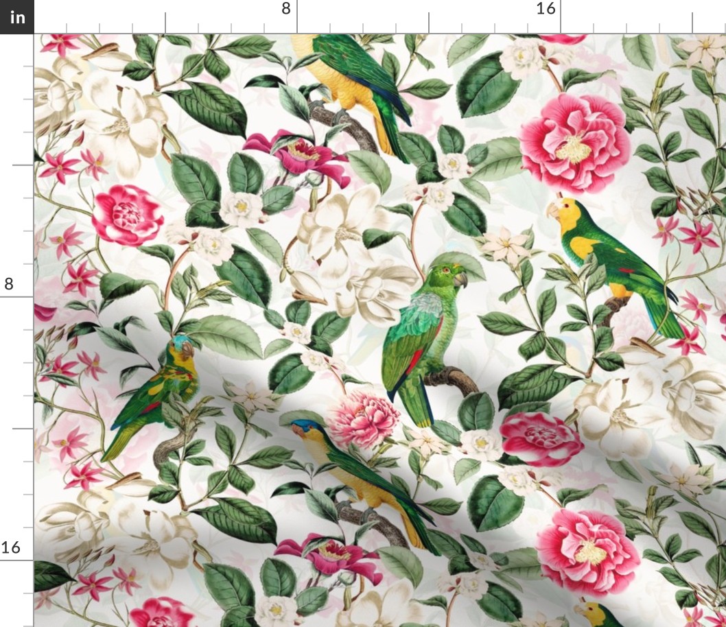 Lush Antique Magnolia Flowers And Tropical Birds Botanical Garden - Vintage Magnolias home decor, Nostalgic peonies wallpaper,Magnolia Fabric - Flowers Fabric -  Magnolia Wallpaper - off white double layer