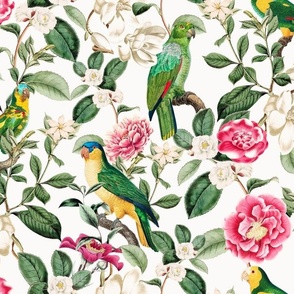 Lush Antique Magnolia Flowers And Tropical Birds Botanical Garden - Vintage Magnolias home decor, Nostalgic peonies wallpaper,Magnolia Fabric - Flowers Fabric -  Magnolia Wallpaper - off white