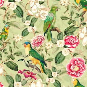 Lush Antique Magnolia Flowers And Tropical Birds Botanical Garden - Vintage Magnolias home decor, Nostalgic peonies wallpaper,Magnolia Fabric - Flowers Fabric -  Magnolia Wallpaper - green double layer