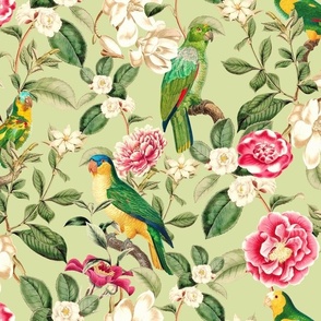 Lush Antique Magnolia Flowers And Tropical Birds Botanical Garden - Vintage Magnolias home decor, Nostalgic peonies wallpaper,Magnolia Fabric - Flowers Fabric -  Magnolia Wallpaper - green