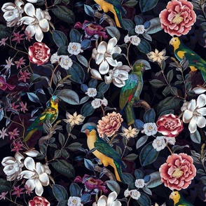 Lush Antique Magnolia Flowers And Tropical Birds Botanical Garden - Vintage Magnolias home decor, Nostalgic peonies wallpaper,Magnolia Fabric - Flowers Fabric -  Magnolia Wallpaper - black moonlight