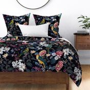 Lush Antique Magnolia Flowers And Tropical Birds Botanical Garden - Vintage Dark Moody Floral  Magnolias home decor, Nostalgic peonies wallpaper,Magnolia Fabric - Flowers Fabric -  Magnolia Wallpaper - black midnight light