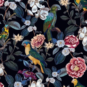 Lush Antique Magnolia Flowers And Tropical Birds Botanical Garden - Vintage Dark Moody Floral  Magnolias home decor, Nostalgic peonies wallpaper,Magnolia Fabric - Flowers Fabric -  Magnolia Wallpaper - black midnight light