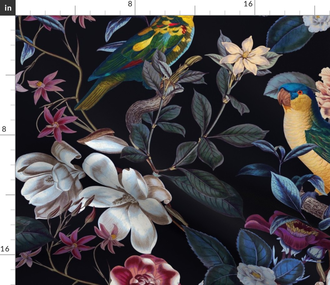 Lush Antique Magnolia Flowers And Tropical Birds Botanical Garden - Vintage Dark Moody Floral  Magnolias home decor, Nostalgic peonies wallpaper,Magnolia Fabric - Flowers Fabric -  Magnolia Wallpaper - black midnight light